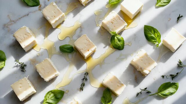 Square Brie Cheese Pieces with Honey and Basil Leaves on a Marble Surface, Food Photography, Gourmet Appetizer, High Angle View
