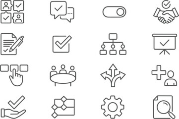 Collection of business, selection, and agreement line icons, featuring checklist, handshake, document, flowchart, and setting gear, vector graphics set.