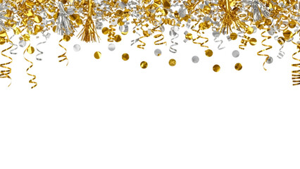 Shimmering gold and silver confetti and streamers add festive flair for birthdays, New Year's Eve, and celebratory events, creating a joyful, party atmosphere