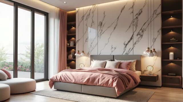 Modern Luxury Master Bedroom Interior with Pink Bedding, Marble Wall, Large Windows, and Elegant Furnishings.