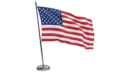 Waving national banner with iconic stars and stripes design, prominently displayed on a sleek chrome stand, representing patriotism, unity, and independence against a clean white backdrop