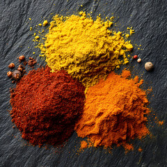 Top down view of three piles of vibrant spices including yellow turmeric red paprika and orange chili powder on a dark slate background.