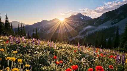Wildflowers swaying gently in a mountain meadow, representing unbridled growth and flourishing potential, perfect for themes related to abundance, optimism, and the beauty of natures harmony.