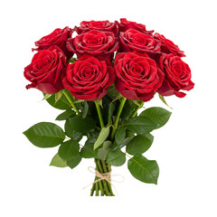 Classic and Luxurious Bouquet of Deep Red Roses with Green Leaves and Twine Tie, Featuring Realistic Water Droplets and Texture