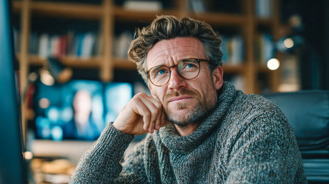 Man with glasses thinks deeply in a modern office space with bookshelves and a screen behind him Generative AI
