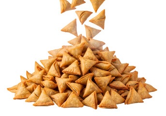 Illustration of a large pile of freshly fried, golden brown, crispy samosas falling from above, isolated on transparent background