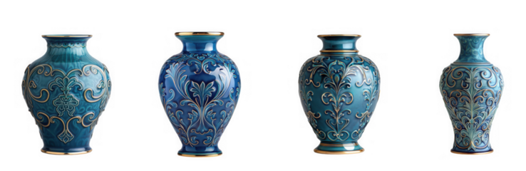 Four ornate antique blue and green ceramic vases with gold accents isolated on transparent background