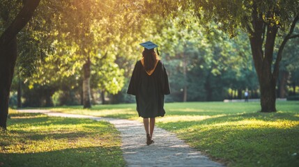 Fototapeta premium Photo taken from behind of a woman in a gown and mortarboard walking generative ai