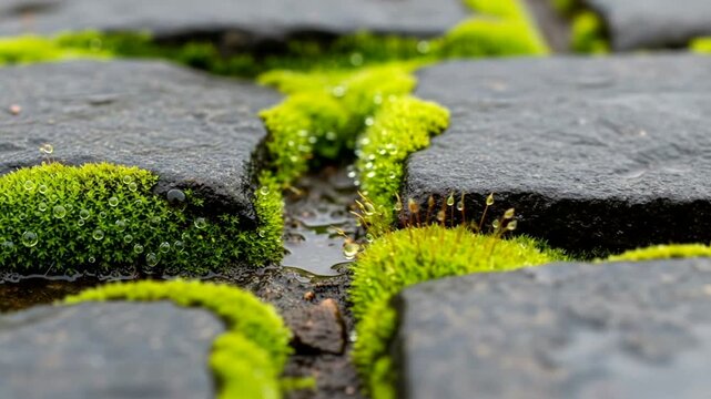 Close up of vibrant green moss growing between dark grey paving stones.