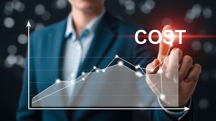 Businesswoman analyzing rising costs on a digital interface with graph and data points