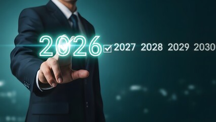 Businessman touching 2026 on a futuristic interface planning for future years