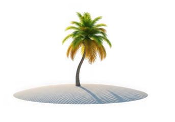 A single vibrant palm tree stands tall on a small, pristine sandy island, isolated on transparent background