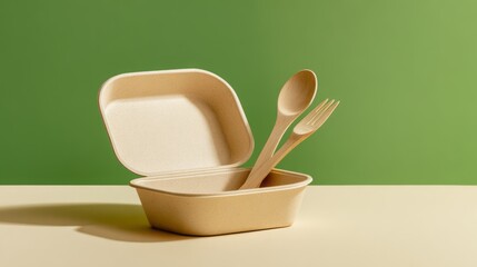 Eco Lunchbox with Bamboo Cutlery on Green Background. AI generative