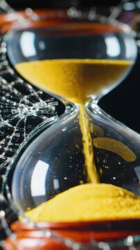 Close up shot of an hourglass with shimmering sand cascading through its slender opening. Fragments of glass lie scattered around the timepiece, evoking a sense of time slipping away or moments lost