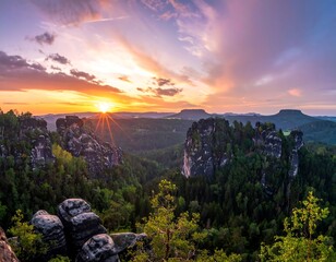 Picturesque sunset over Saxon Switzerland National Park, Germany landscape view