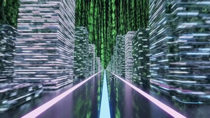 Futuristic Digital Cityscape with Binary Code - A digital cityscape is depicted within a futuristic setting, surrounded by falling binary code. - Powered by Adobe