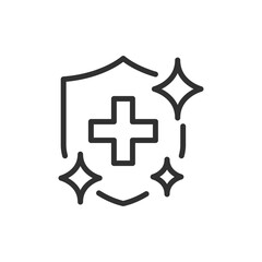 Shield with medical cross and sparkles, linear icon. Clean protection and healthcare safety. Line with editable stroke.