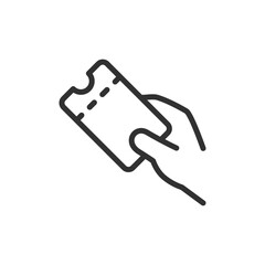Hand with ticket, linear icon. Travel or entertainment access concept. Line with editable stroke.