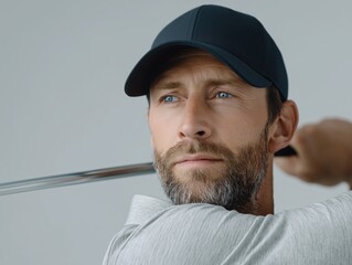Male golfer with a focused expression, dressed in a light gray shirt and black cap, preparing to swing a golf club in an indoor setting, showcasing concentration and skill