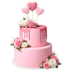 Elegant Two-Tier Pink Drip Cake Adorned with Pink and White Roses and Glittering Heart Toppers, Perfect for Weddings or Anniversaries