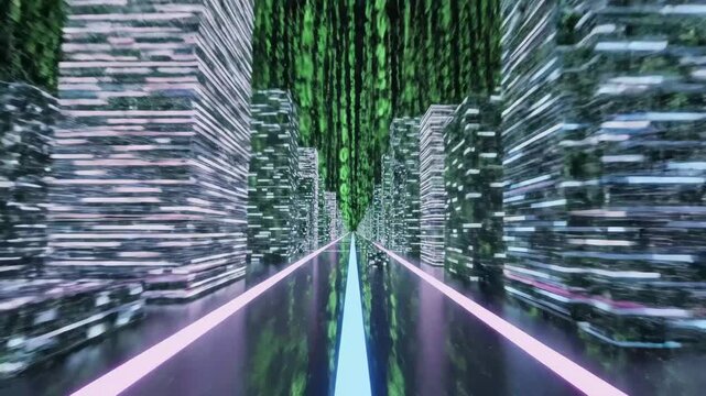 Futuristic Digital Cityscape with Binary Code - A digital cityscape is depicted within a futuristic setting, surrounded by falling binary code.