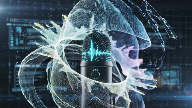 Futuristic Digital Microphone with Sound Wave Visualization - A digital microphone is depicted against a high-tech background, surrounded by colorful, dynamic sound wave patterns.