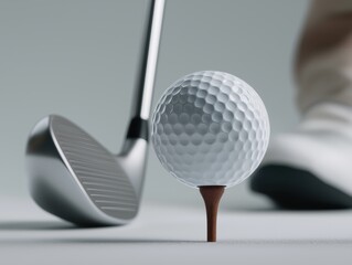 Golf ball on wooden tee with shiny club in background, showcasing the elegance of the sport, emphasizing precision and focus in golfing practice and preparation for swing
