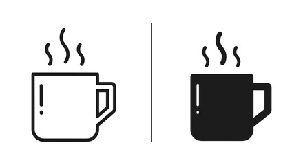 Hot Coffee Mug Icons: Outline and Solid Versions