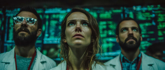 Scientists observe data on screens in a research lab during a late night study session with green digital displays Generative AI