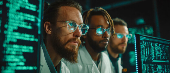 Three people working together in a lab setting with computer screens displaying code and data during the evening hours Generative AI