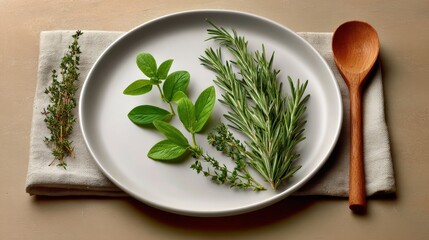 A plate with herbs and a spoon on a table. The plate has a variety of herbs including parsley, rosemary, and thyme. The spoon is placed on a cloth next to the plate