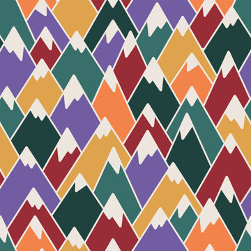 Colourful Snowy Geometric Mountains background pattern print. Ideal for seasonal gifts and decorations. Perfect for fabric, wallpaper, wrapping, scrapbooking and stationery. Surface pattern design.