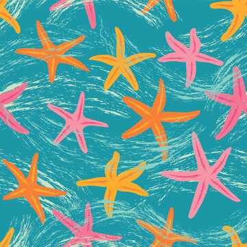 Colourful Starfish in the Blue Water background pattern print. Ideal for original decorations. Perfect for fabric, wallpaper, wrapping, scrapbooking and stationery. Surface pattern design.
