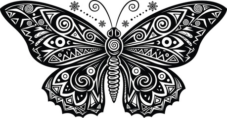 Intricate Decorative Butterfly Vector Illustration, Highly Stylized Black and White Art with Tribal, Spiral, and Geometric Motifs, Ideal for Tattoo Design, Elegant Nature Ornamentation, 