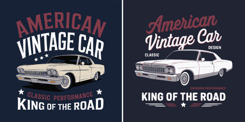 American vintage car illustration set with retro classic automotive artwork showcasing superior performance and king of the road theme