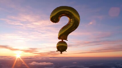 Golden Question Mark Balloon at Dawn - A golden question mark balloon drifts in an open-air dawn sky, invoking curiosity. - Powered by Adobe