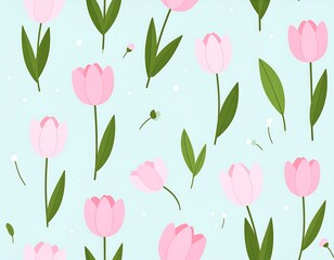 Pink Tulips Seamless Pattern on Light Blue Background in Flat Design Style
