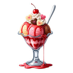 Decadent Ice Cream Sundae Parfait: Featuring Cherries, Whipped Cream, Strawberry Sauce, and Heart-Shaped Chocolate Toppings