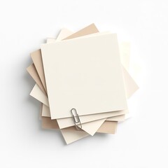 Stack of blank beige and cream square sticky notes held together by a silver paperclip, isolated on white background