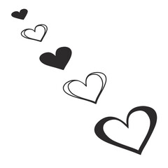 A progression of hearts in black and white, from small solid to large outlined on white love romance