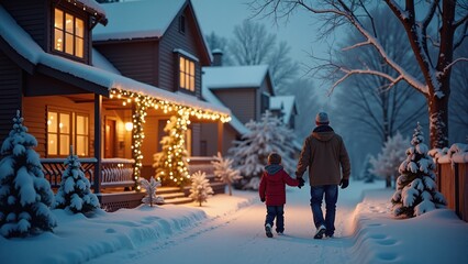 Magical christmas evening with father and child snowy neighborhood heartwarming scene festive atmosphere cozy viewpoint family bonding concept

