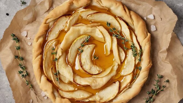 Rustic Apple Galette with Honey and Thyme, Baked on Parchment Paper, Close-Up Food Photography for Autumn and Thanksgiving