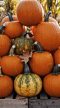 Large assortment of ripe pumpkins piled on wooden crates. Freshly picked gourds for sale during the autumn harvest season at a market