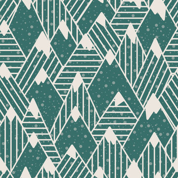 Green Snowy Geometric Mountains background pattern print. Ideal for seasonal gifts and decorations. Perfect for fabric, wallpaper, wrapping, scrapbooking and stationery. Surface pattern design.