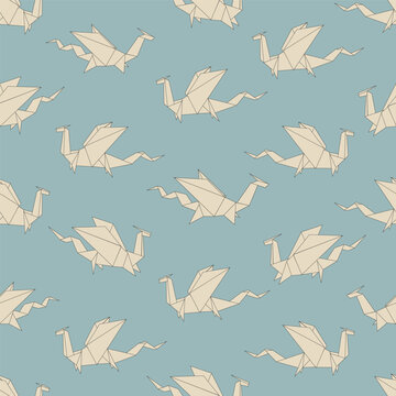Vector Cream Origami Dragon on Blue background. Perfect for fabric, wallpaper, scrapbooking and stationery. Surface pattern design