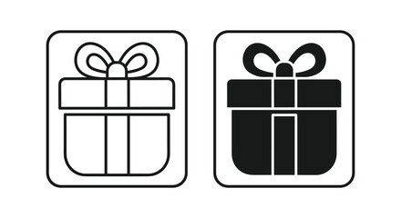 Gift Box Icons Set: Outline and Filled Present Box with Bow Symbols for Holidays, Celebrations, and E-commerce