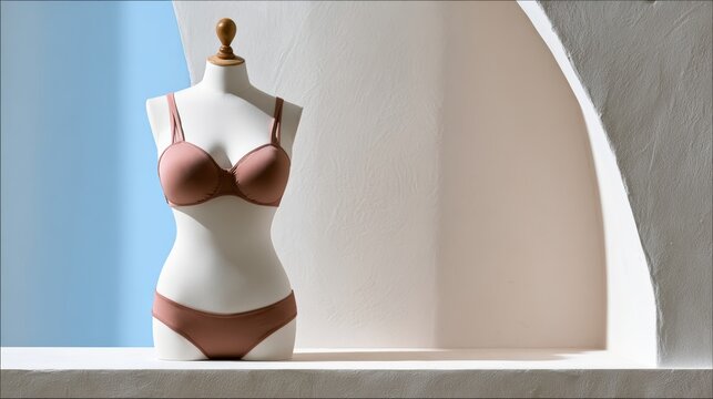A mannequin wearing a pink bra and panties is displayed on a shelf. Concept of elegance and sophistication, as the mannequin is dressed in a fashionable outfit
