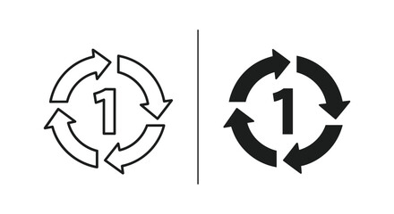 Repeat One Cycle Icon with Number 1 - Outline and Solid Versions