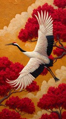 Fototapeta premium Redcrowned crane in flightoil painting illustration showing natures beauty and peace