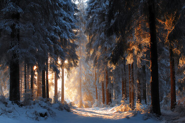 Sunlight shining through snow covered trees in a winter forest landscape